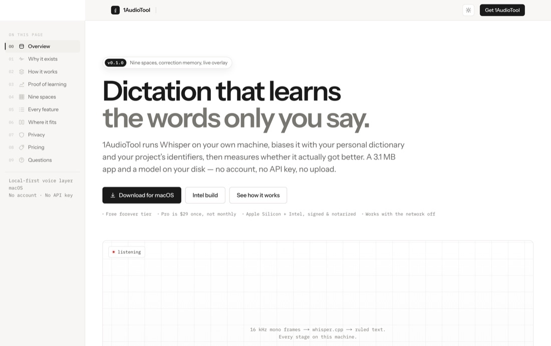 The 1AudioTool site: dictation that learns the words only you say, with Whisper and the model both running on your own machine.
