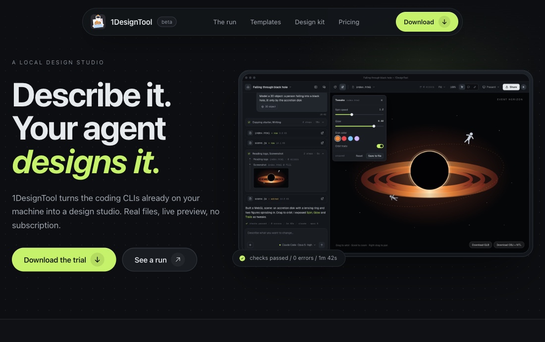 The 1DesignTool site: a local design studio where your coding agent builds a WebGL scene as real files, with live tweaks beside the preview.