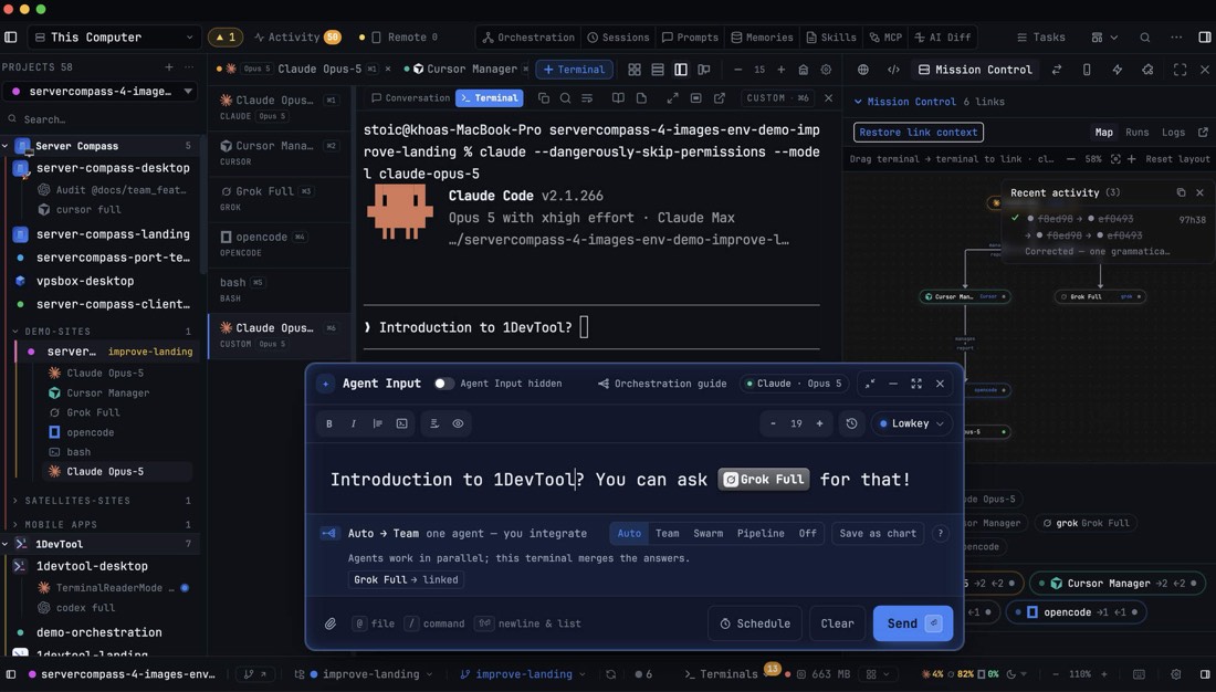 The 1DevTool workspace: a project file tree, an editor, terminals and an agent panel side by side in one window.