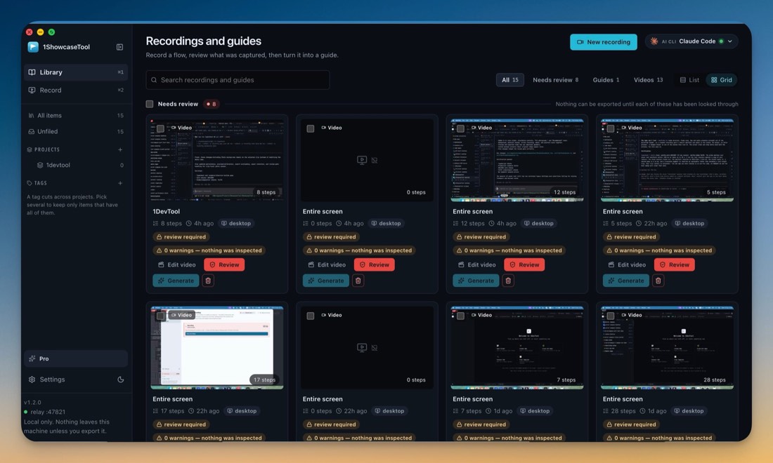 The 1ShowcaseTool library of recorded walkthroughs, each one ready to export as a guide or a film.