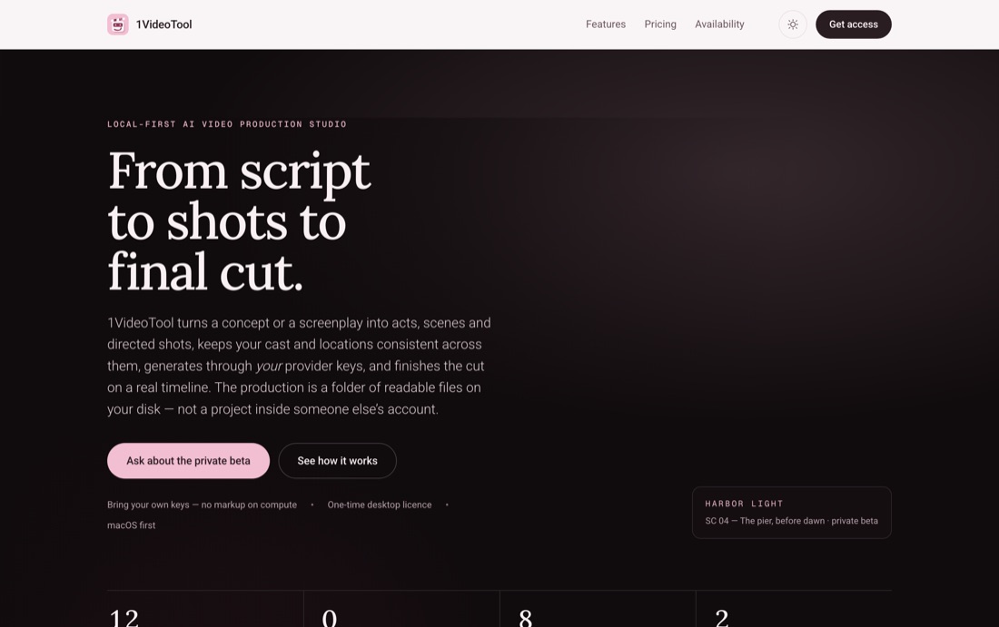 The 1VideoTool site: a local-first AI video production studio that goes from script to shots to final cut.