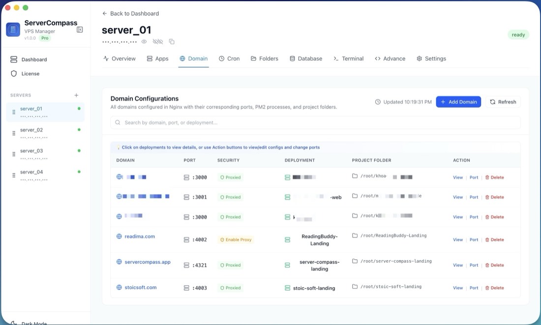 Server Compass managing four servers, with the domain, port, proxy status and project folder of every app deployed on one of them.