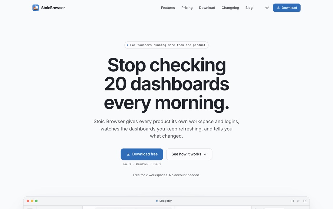 The StoicBrowser site: one workspace per product, isolated logins, and a digest of what changed across every dashboard.